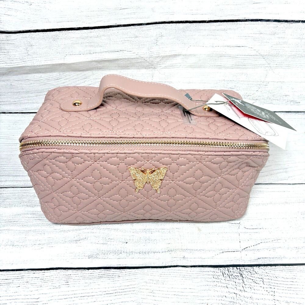 Vince Camuto Large Cosmetics Bag Mauve With Gold Butterfly Zip Close NEW NWT